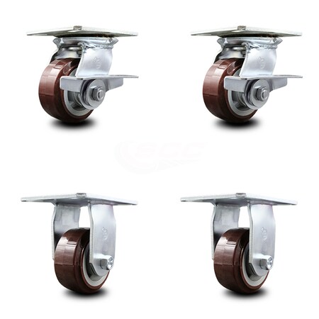 Service Caster 4 Inch Polyurethane Caster Set with Roller Bearing 2 Brakes and 2 Rigid SCC SCC-35S420-PPUR-SLB-2-R-2